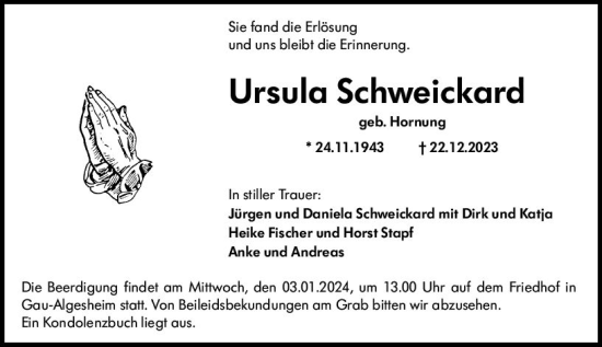 Traueranzeige von Ursula Schweickard von Allgemeine Zeitung Bingen/Ingelheim