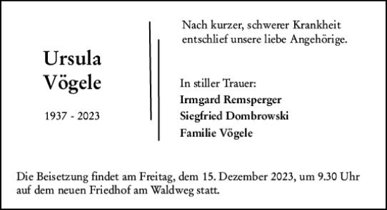Traueranzeige von Ursula Vögele von Rüsselsheimer Echo