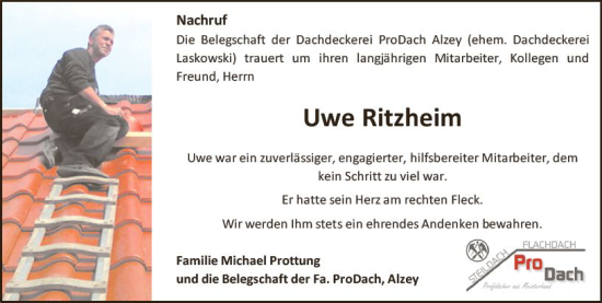 Traueranzeige von Uwe Ritzheim von Allgemeine Zeitung Alzey