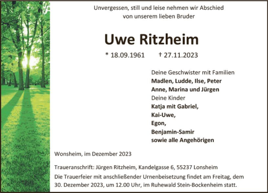 Traueranzeige von Uwe Ritzheim von Allgemeine Zeitung Alzey