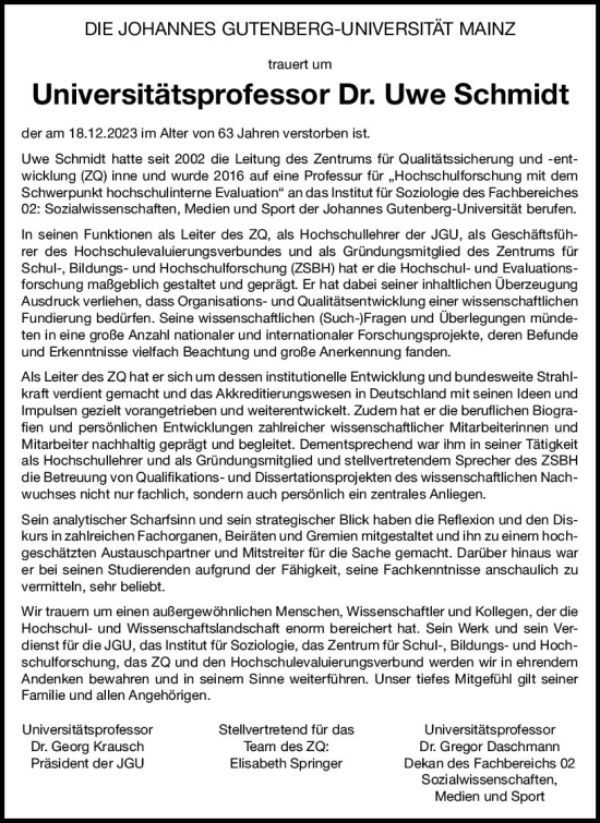 Traueranzeige von Uwe Schmidt von Allgemeine Zeitung Mainz