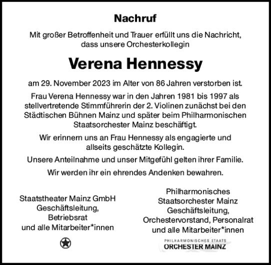 Traueranzeige von Verena Hennessy von Allgemeine Zeitung Mainz