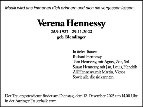 Traueranzeige von Verena Hennessy von Wiesbadener Kurier