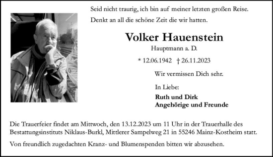 Traueranzeige von Volker Hauenstein von Allgemeine Zeitung Mainz