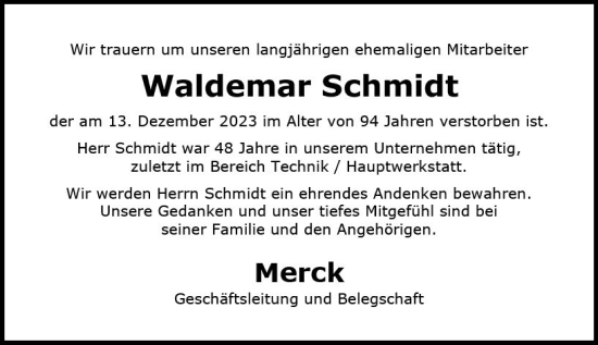 Traueranzeige von Waldemar Schmidt von Darmstädter Echo