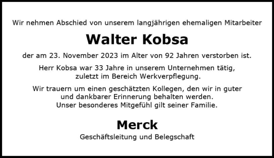 Traueranzeige von Walter Kobsa von Darmstädter Echo