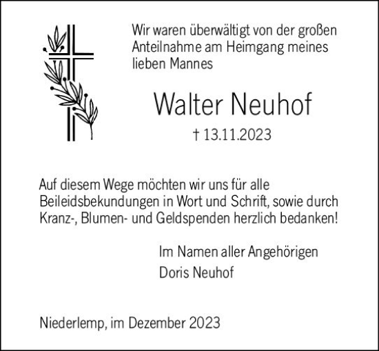 Traueranzeige von Walter Neuhof von Wetzlarer Neue Zeitung