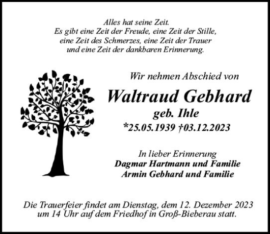 Traueranzeige von Waltraud Gebhard von Darmstädter Echo