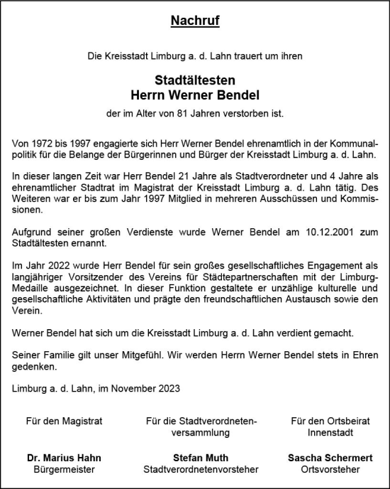 Traueranzeige von Werner Bendel von Nassauische Neue Presse