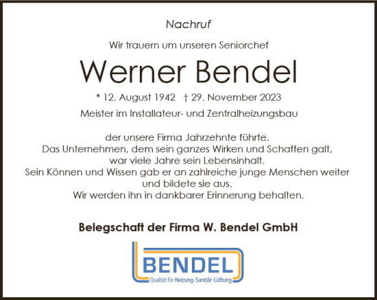 Traueranzeige von Werner Bendel von Nassauische Neue Presse