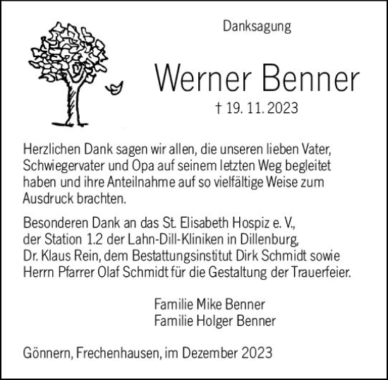 Traueranzeige von Werner Benner von Hinterländer Anzeiger