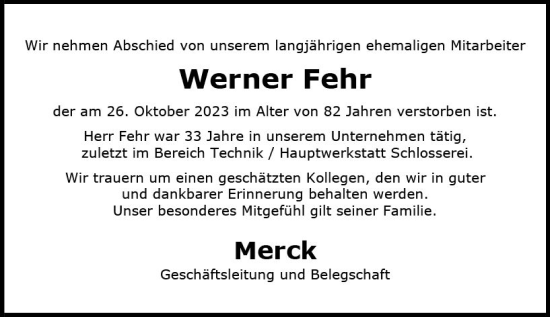 Traueranzeige von Werner Fehr von Darmstädter Echo