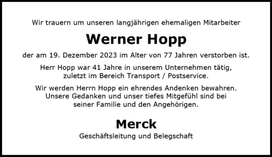 Traueranzeige von Werner Hopp von Darmstädter Echo