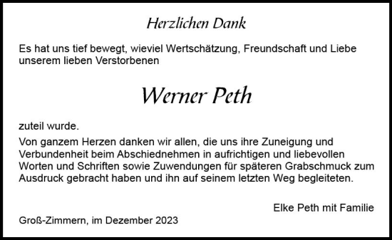Traueranzeige von Werner Peth von Dieburger Anzeiger/Groß-Zimmerner Lokal-Anzeiger