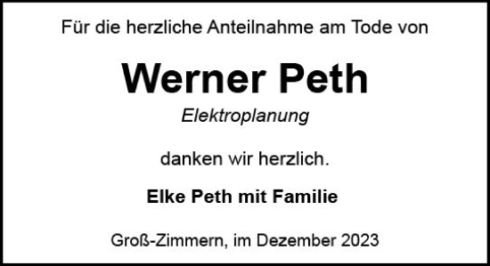 Traueranzeige von Werner Peth von Darmstädter Echo