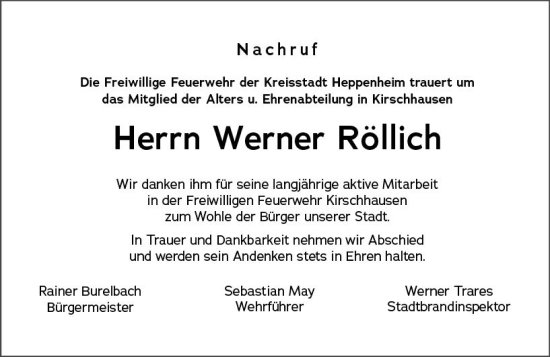 Traueranzeige von Werner Röllich von Starkenburger Echo
