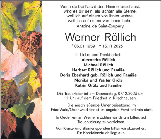 Traueranzeige von Werner Röllich von Starkenburger Echo