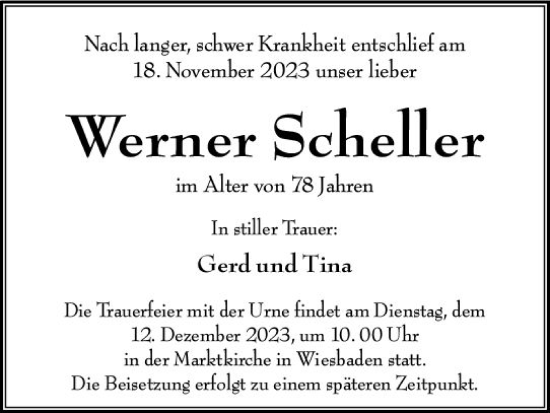 Traueranzeige von Werner Scheller von Wiesbadener Kurier