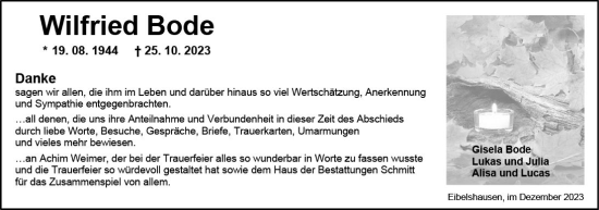 Traueranzeige von Wilfried Bode von Dill Block