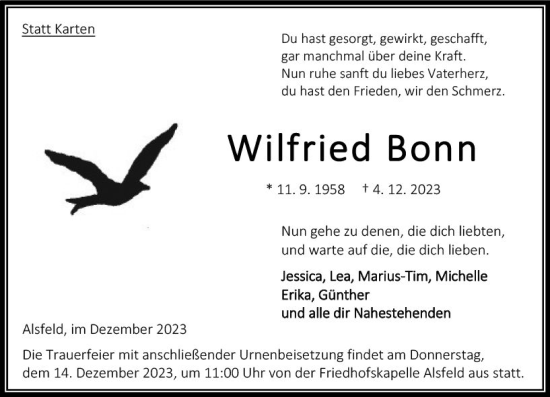 Traueranzeige von Wilfried Bonn von VRM Trauer