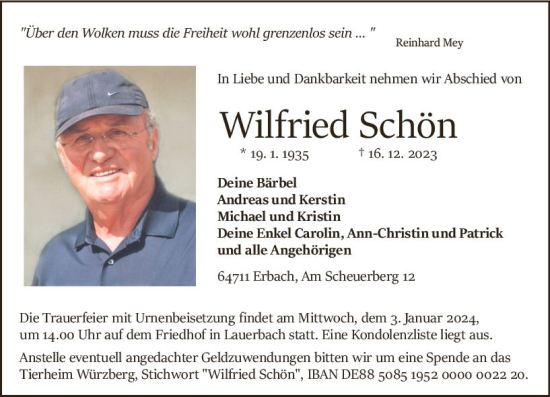 Traueranzeige von Wilfried Schön von Odenwälder Echo