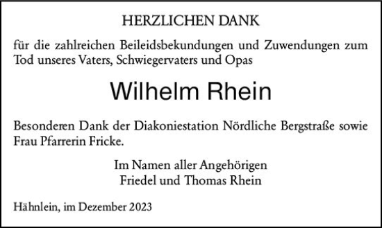 Traueranzeige von Wilhelm Rhein von Darmstädter Echo