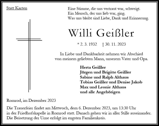 Traueranzeige von Willi Geißler von VRM Trauer