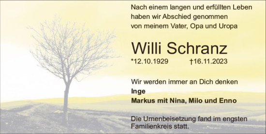Traueranzeige von Willi Schranz von Starkenburger Echo