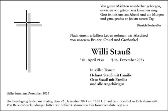 Traueranzeige von Willi Stauß von Allgemeine Zeitung Mainz