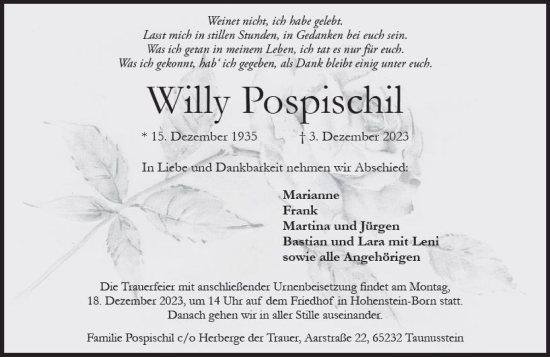 Traueranzeige von Willy Pospischil von Wiesbadener Kurier