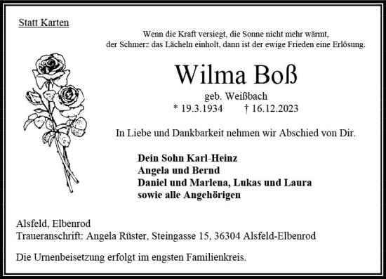 Traueranzeige von Wilma Boß von VRM Trauer