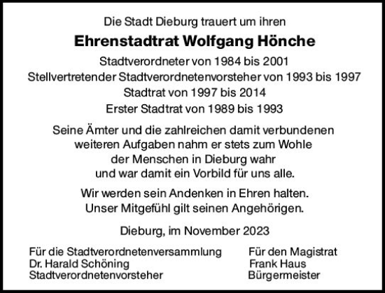 Traueranzeige von Wolfgang Hönche von Dieburger Anzeiger/Groß-Zimmerner Lokal-Anzeiger