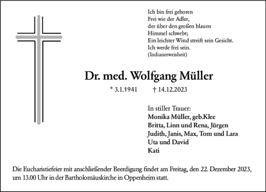 Traueranzeige von Wolfgang Müller von Allgemeine Zeitung Mainz