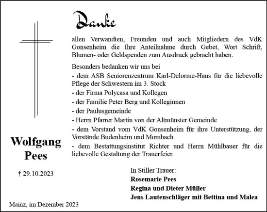 Traueranzeige von Wolfgang Pees von Allgemeine Zeitung Mainz
