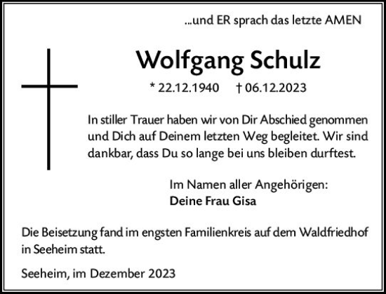 Traueranzeige von Wolfgang Schulz von Darmstädter Echo