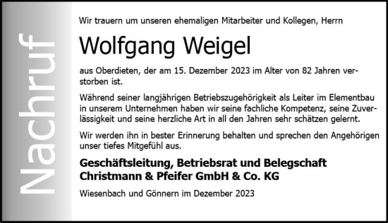 Traueranzeige von Wolfgang Weigel von Hinterländer Anzeiger