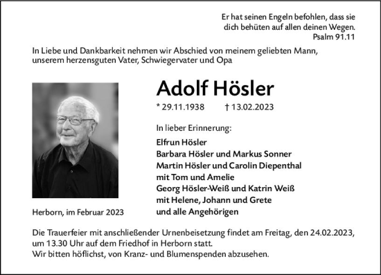 Traueranzeige von Adolf Hösler von Dill Block