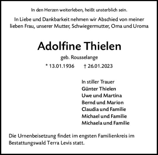 Traueranzeige von Adolfine Thielen von Wiesbadener Kurier gesamt