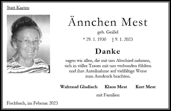 Traueranzeige von Ännchen Mest von OK Oberhessen Kurier
