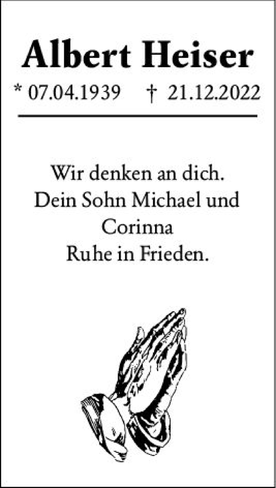Traueranzeige von Albert Heiser von Allgemeine Zeitung Ingelheim-Bingen