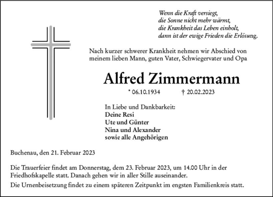 Traueranzeige von Alfred Zimmermann von Hinterländer Anzeiger