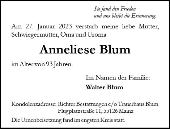 Traueranzeige von Anneliese Blum von Allgemeine Zeitung Mainz