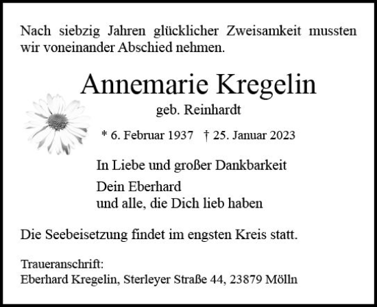 Traueranzeige von Annemarie Kregelin von Idsteiner Land / Untertaunus Kurier