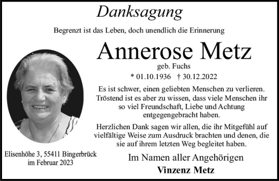 Traueranzeige von Annerose Metz von Allgemeine Zeitung Ingelheim-Bingen