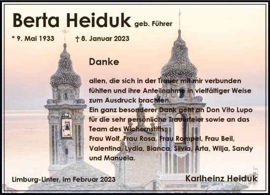 Traueranzeige von Berta Heiduk von Nassauische Neue Presse