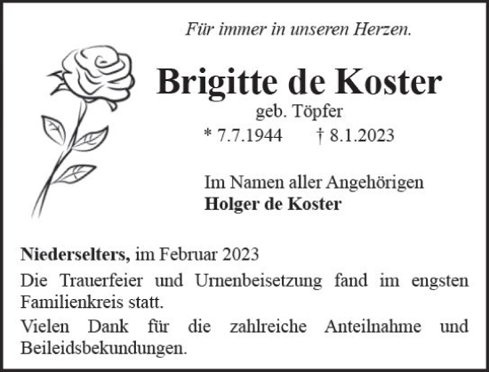Traueranzeige von Brigitte de Koster von Camberger Anzeiger