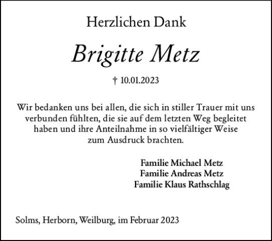 Traueranzeige von Brigitte Metz von Wetzlarer Neue Zeitung