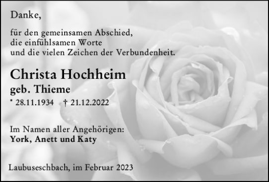 Traueranzeige von Christa Hochheim von Weilburger Tageblatt