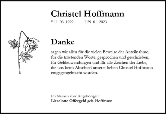 Traueranzeige von Christel Hoffmann von Dill Block