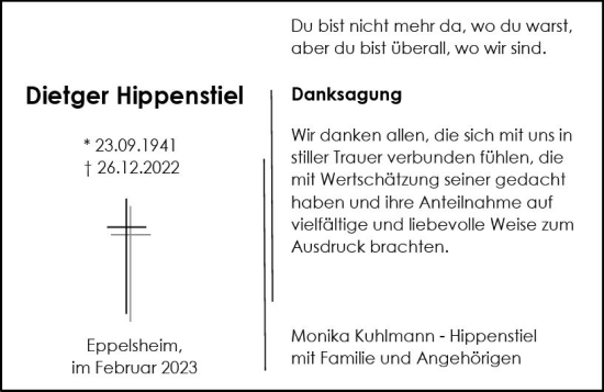 Traueranzeige von Dietger Hippenstiel von Allgemeine Zeitung Alzey